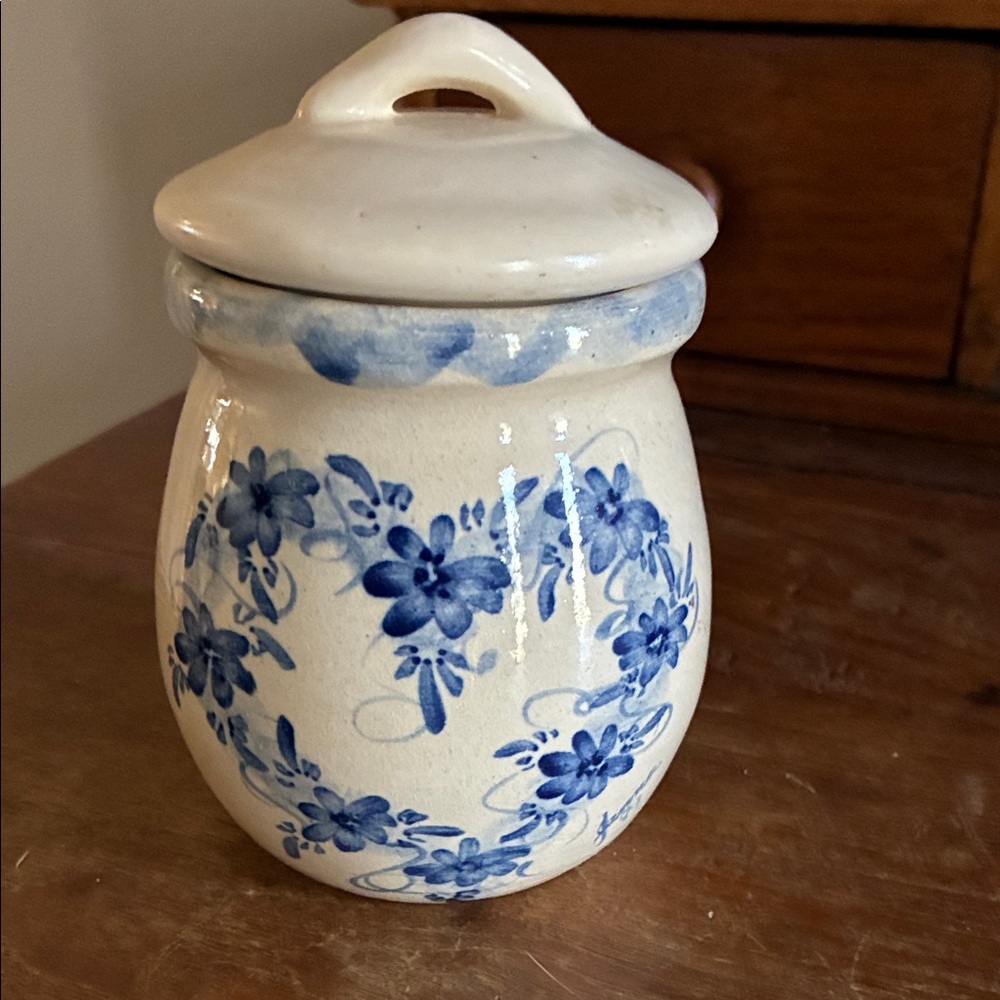 East Texas Pottery Floral Blue and White Ceramic Jar